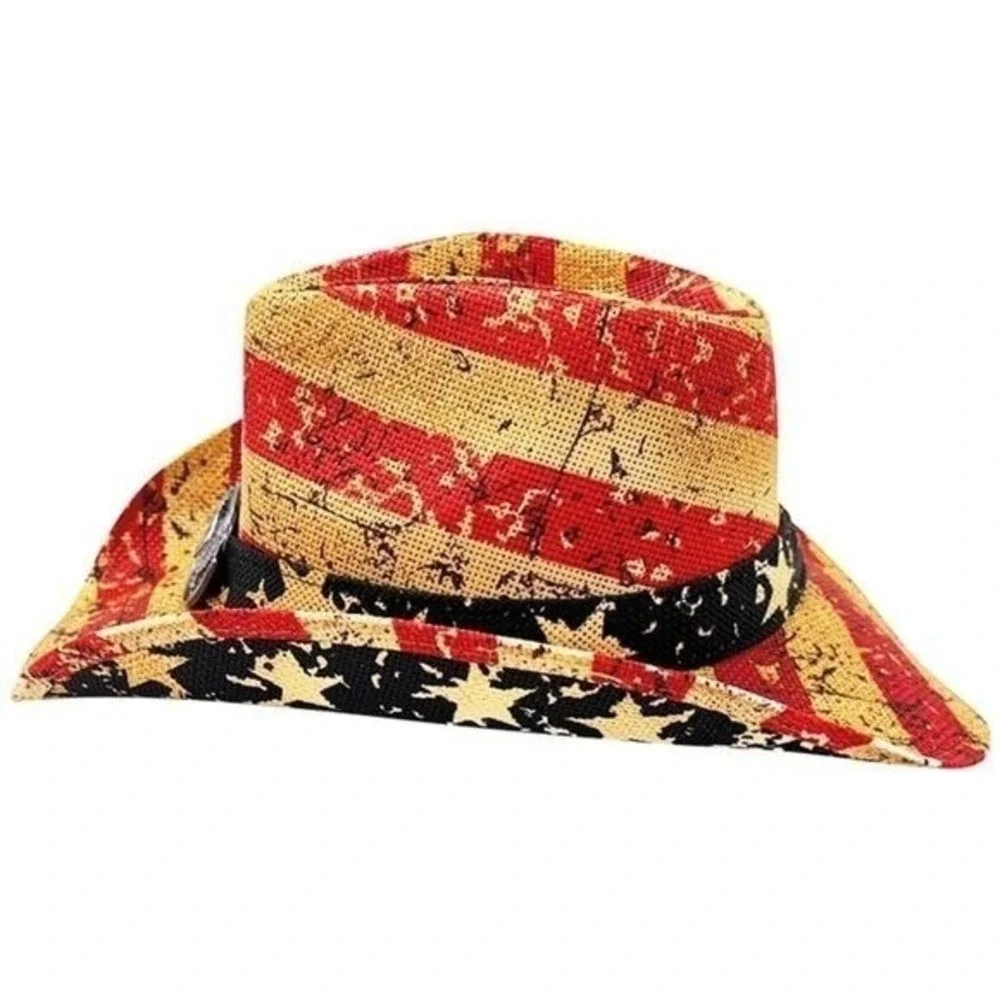 Tea Stained Vintage Paper Straw American Flag Fashion‎ Cowboy Hat NWT